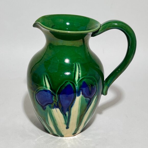 Antique Awaji Pottery Blue White Iris Green Pitcher Awaji Ware Glazed Japan - Picture 8 of 16